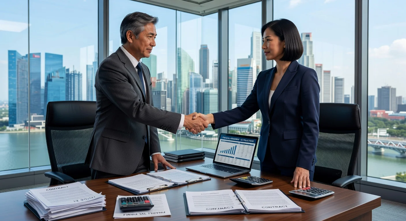 Business professionals shaking hands over documents