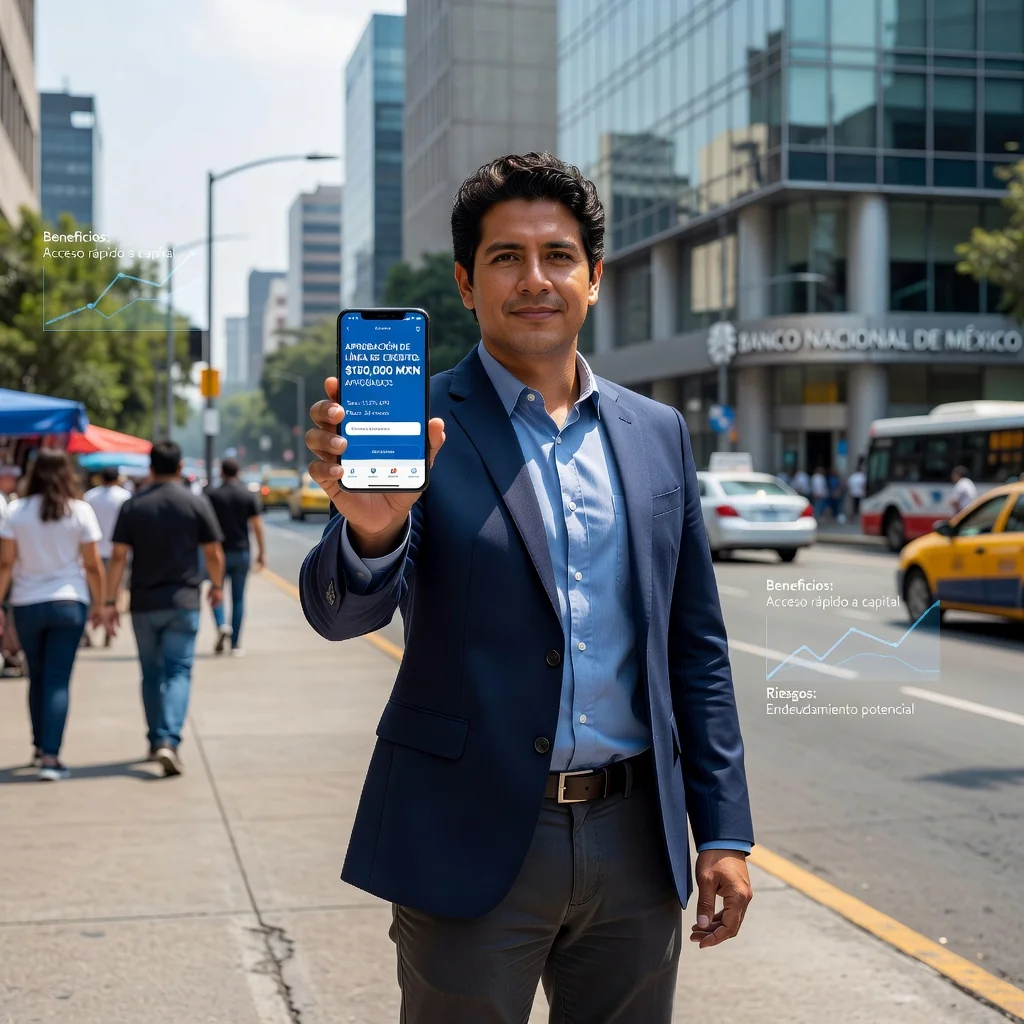 A photorealistic image depicting a professional Mexican adult in their 30s standing confidently in a modern urban setting in Mexico City, holding a smartphone with a banking app open showing a credit line notification, symbolizing the benefits and risks of credit lines, with subtle background elements like a bank building and financial charts, no children present, highly detailed and realistic photography style.