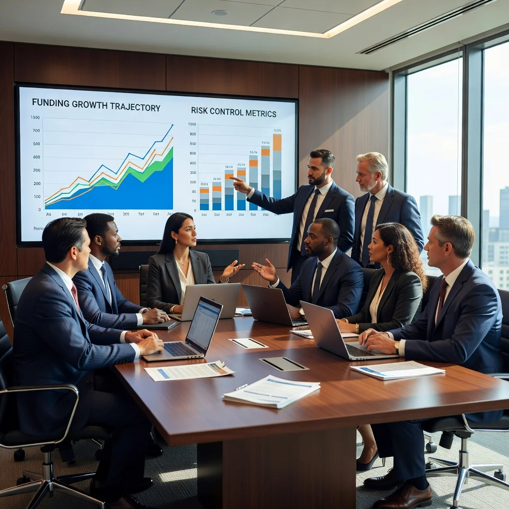 A photorealistic image representing the role of credit limit agreements in corporate financing, showing a professional business meeting in a modern office where executives discuss financial strategies and risk management, with elements like charts and laptops visible, emphasizing growth and security in enterprise funding.