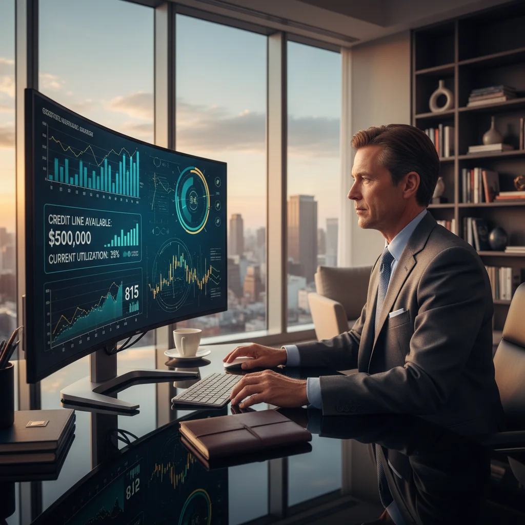 A photorealistic image of a confident adult professional in a modern office setting, reviewing financial documents on a computer screen that displays charts and graphs related to credit lines, symbolizing financial flexibility and business growth, with no children present.