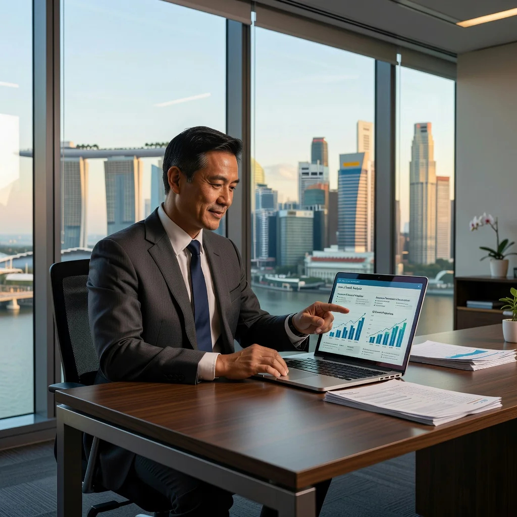 A professional businessperson in a modern Singapore office setting, reviewing financial charts on a computer screen, symbolizing access to credit and financial opportunities in a line of credit agreement.