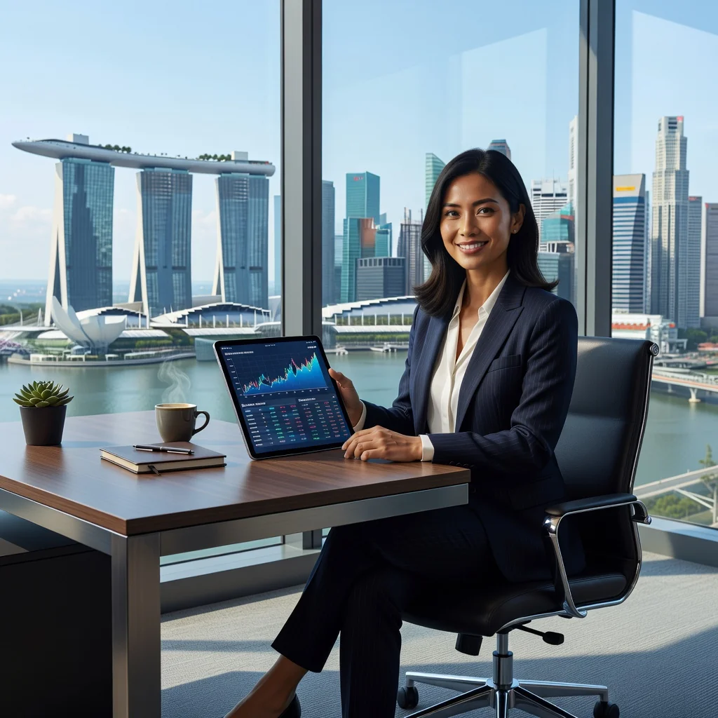 A photorealistic image of a professional adult woman in a modern Singapore office, confidently reviewing financial documents on a tablet, symbolizing financial flexibility and credit access, with subtle Singapore skyline in the background through a window, no children present.