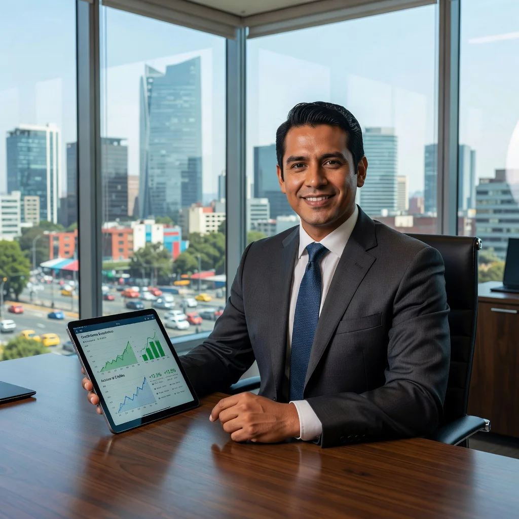 A photorealistic image representing financial empowerment and access to credit in Mexico, featuring a professional adult Mexican businessperson in a modern office setting, reviewing financial charts on a tablet with a city skyline in the background, symbolizing growth and opportunity without showing any legal documents.