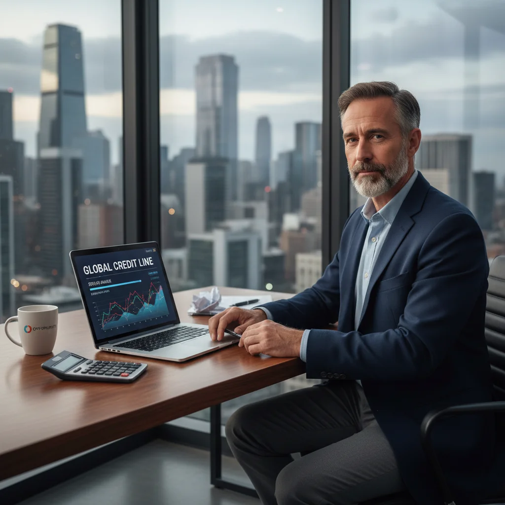 A photorealistic image of a confident adult professional in a modern office setting, reviewing financial options on a computer screen with charts showing credit lines and growth indicators, symbolizing access to flexible financing through a line of credit agreement.