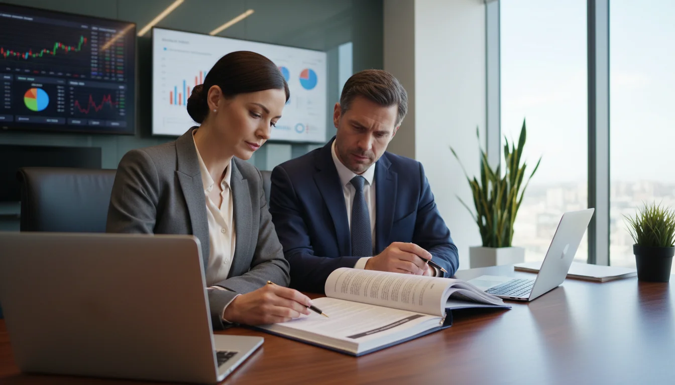 Business professionals reviewing credit agreement