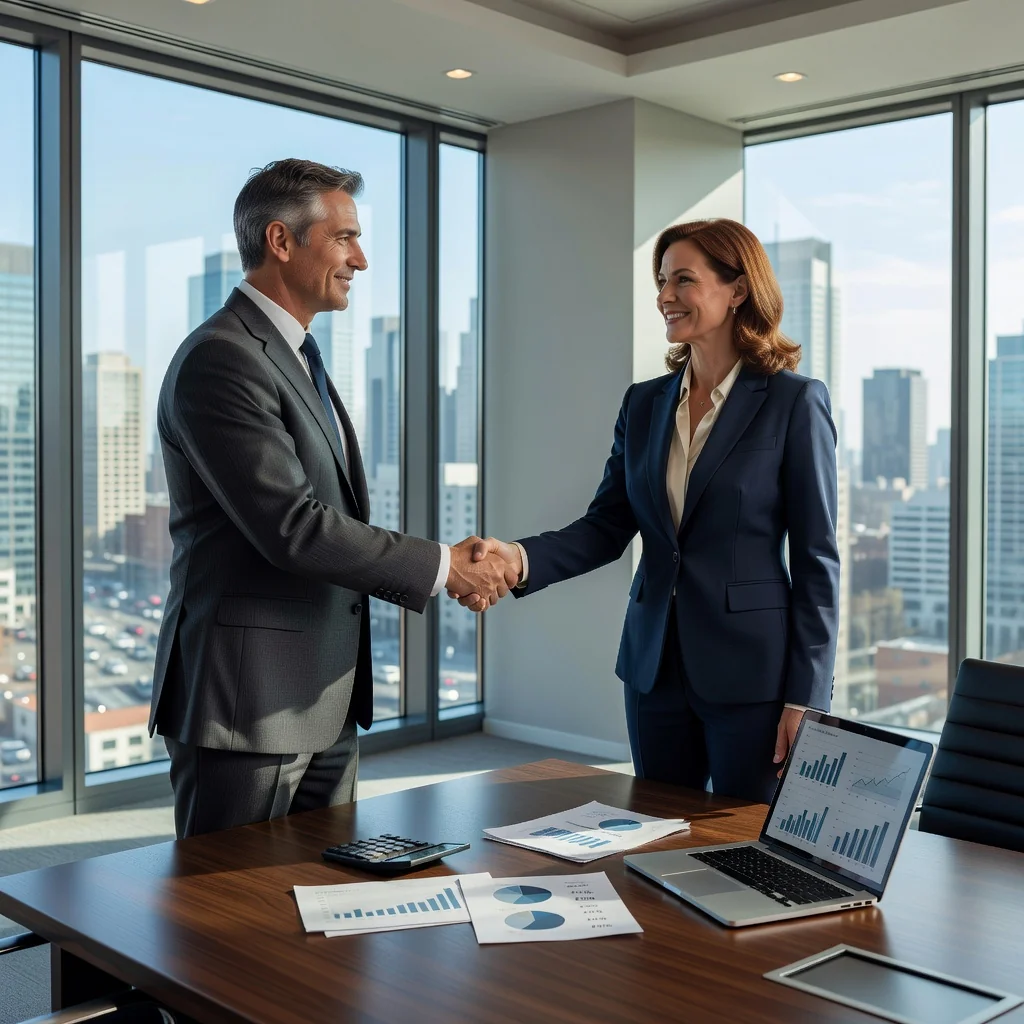 A photorealistic image of two professional adults in a modern office setting, shaking hands over a conference table with financial charts and documents subtly in the background, symbolizing a successful credit agreement and financial partnership.