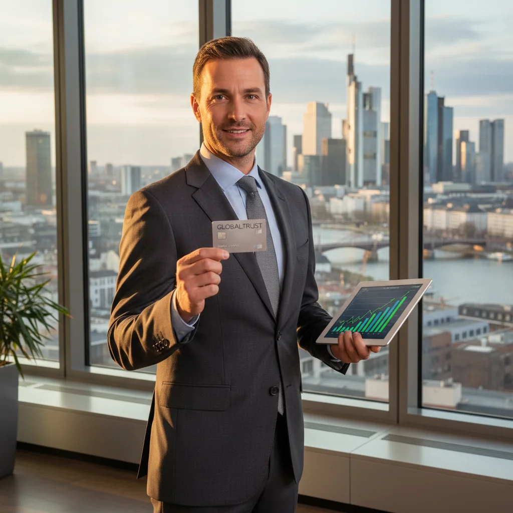 A photorealistic image depicting a professional adult in their 30s or 40s, standing confidently in a modern German office environment, holding a credit card and reviewing financial statements on a tablet, symbolizing financial flexibility and credit access provided by a credit line agreement, with subtle German elements like a flag or Berlin skyline in the background, no children present, highly detailed and realistic photography style.