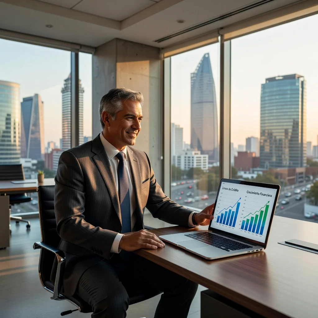 A professional business person in a modern Mexican office setting, reviewing financial documents on a laptop with charts showing credit lines and growth metrics, symbolizing access to credit in a Mexican business context, photorealistic style, no children present.
