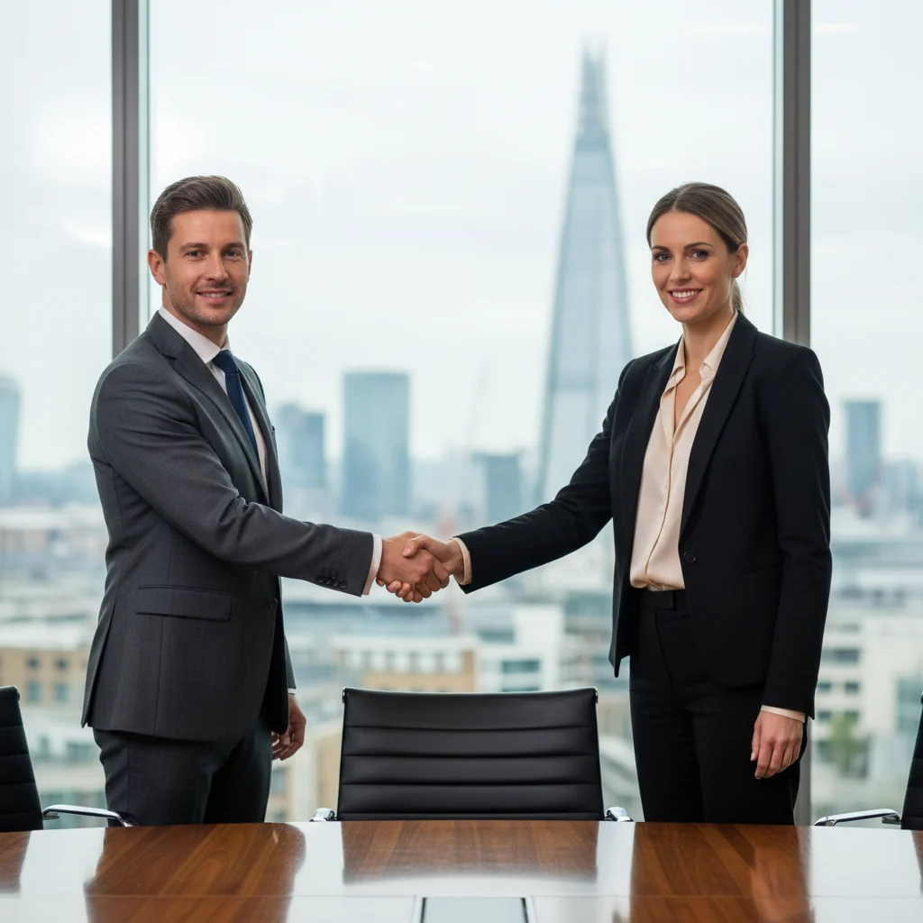 A photorealistic image of two professional adults, a man and a woman in business attire, shaking hands across a modern conference table in a sleek UK office setting with large windows overlooking a cityscape, symbolizing the agreement and partnership in a facility agreement, conveying trust, collaboration, and financial partnership without showing any legal documents.