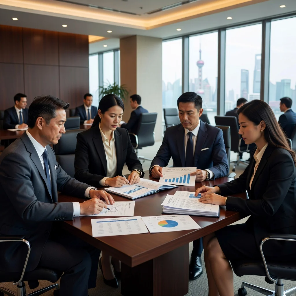 A professional scene representing Chinese credit agreements, showing a diverse group of Asian business professionals in a modern conference room in China, discussing financial documents on a table with laptops and charts, symbolizing key terms and considerations in credit limits, photorealistic style, no children present.
