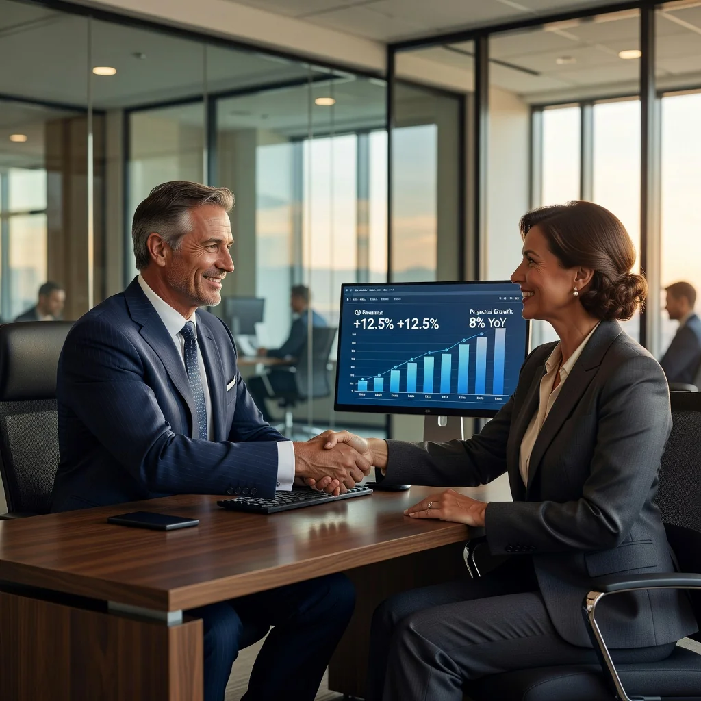 A professional businessperson in a modern office setting, shaking hands with a banker across a desk, symbolizing the agreement and opening of a credit line, with subtle financial elements like a laptop showing charts in the background, conveying trust and financial opportunity.