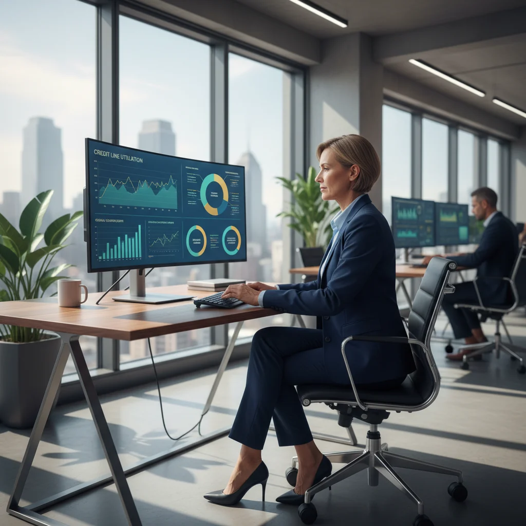 A photorealistic image of a professional adult businessperson in a modern office setting, reviewing financial charts on a computer screen that display credit lines and growth metrics, symbolizing access to business credit and financial opportunities, with a confident expression, no children or legal documents visible.