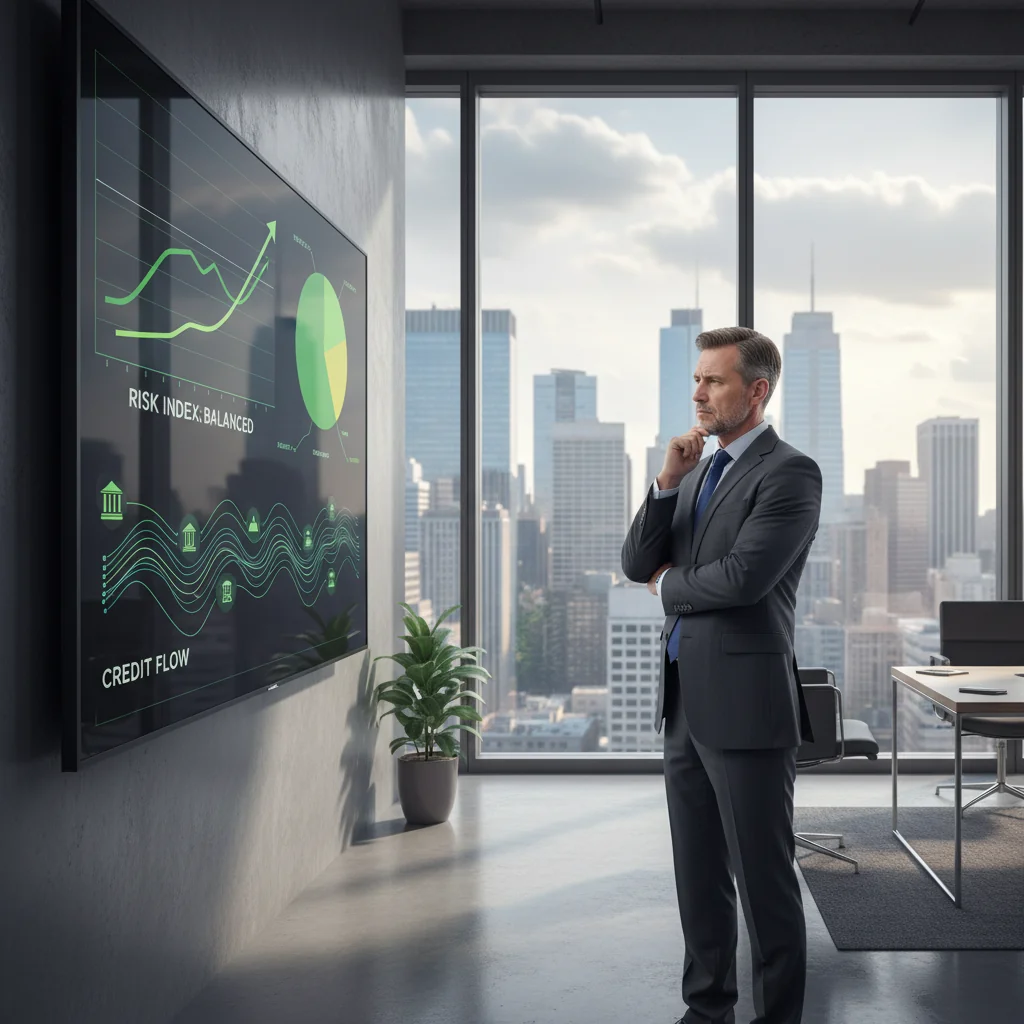 A photorealistic image of a professional business executive in a modern office, standing confidently while reviewing financial charts on a large screen displaying graphs of growth and stability, symbolizing the advantages and risks of a business line of credit, with elements like currency symbols and balanced scales subtly in the background, no children present.