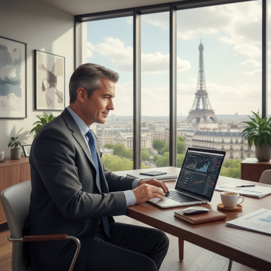 A photorealistic image of a middle-aged French professional man in a modern office in Paris, reviewing financial statements on a laptop with a subtle background view of the Eiffel Tower through a window, symbolizing financial planning and credit access in France. The scene conveys security and opportunity related to credit lines, with no documents visible.