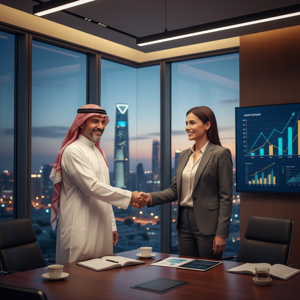 A photorealistic image of a professional Saudi businessman in a modern office setting in Riyadh, Saudi Arabia, confidently shaking hands with a banker across a desk, symbolizing a successful credit line agreement. The scene includes subtle Saudi cultural elements like a traditional coffee set on the table, with the Riyadh skyline visible through large windows, conveying benefits and security in financial agreements without any focus on documents. No children are present in the image.