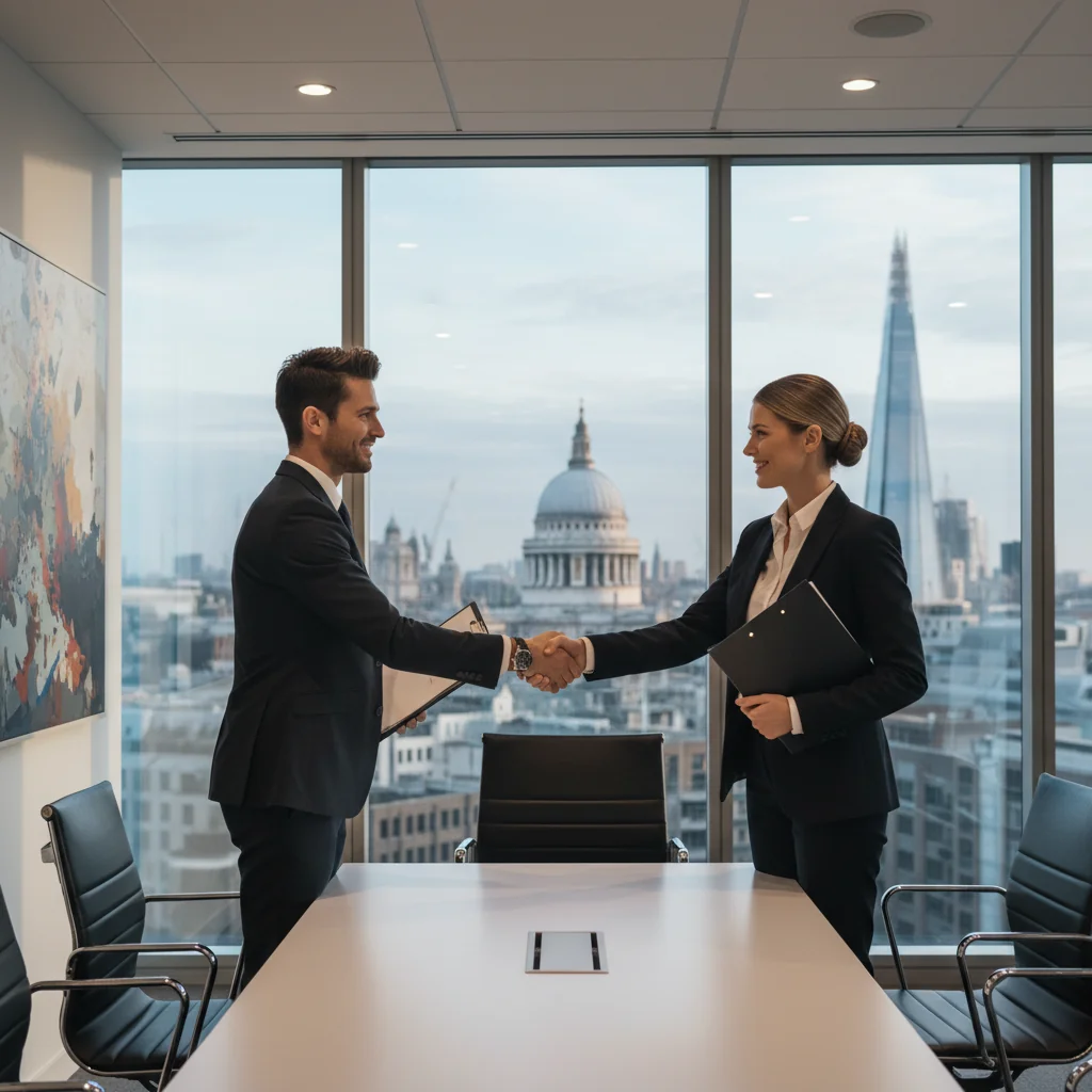 A photorealistic image of two professional adults, a man and a woman in business attire, shaking hands across a conference table in a modern UK office setting, with a subtle background of London skyline visible through windows, symbolizing a successful facility agreement deal without any legal documents shown.