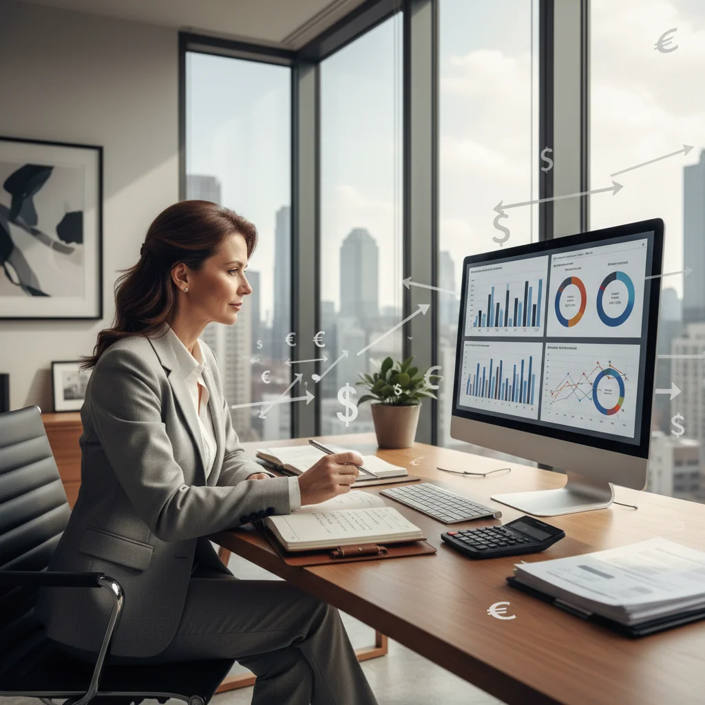 A photorealistic image of a confident adult professional in a modern office setting, reviewing financial documents on a laptop, symbolizing the process of securing a credit line agreement, with elements like charts and currency symbols in the background to represent financial planning and credit access.
