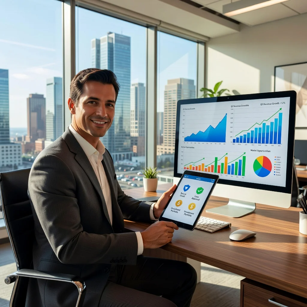 A photorealistic image representing financial freedom and access to credit, showing an adult professional in a modern office setting reviewing financial charts on a computer, symbolizing the benefits of a credit line opening contract, with no children present.