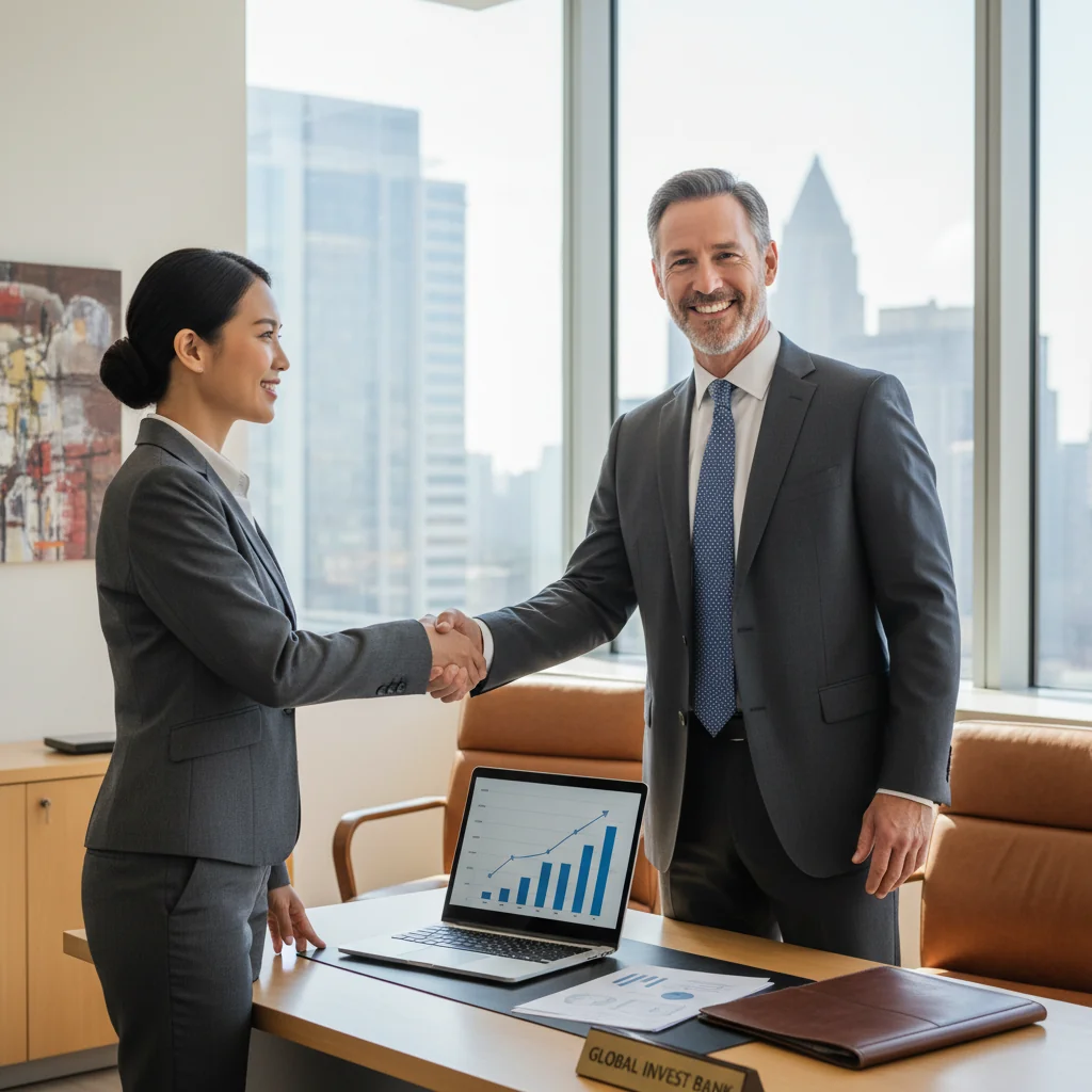 A photorealistic image of a confident adult professional in a modern office setting, shaking hands with a banker across a desk, symbolizing the agreement on a line of credit, with subtle financial elements like a laptop showing charts in the background, conveying trust and financial opportunity.