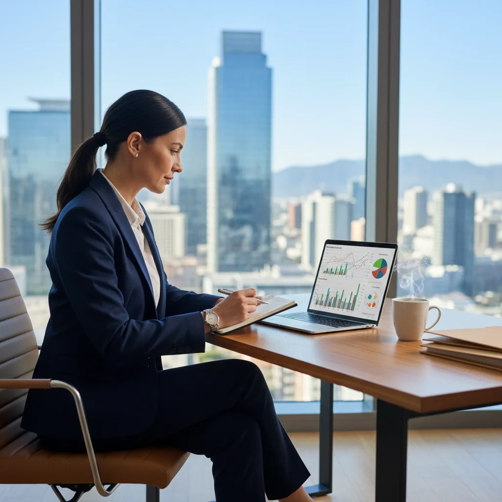 A photorealistic image of a professional adult businessperson in a modern office setting, reviewing financial documents on a laptop, symbolizing financial planning and credit management, with elements like charts and a calculator nearby, conveying trust and efficiency in business finance.