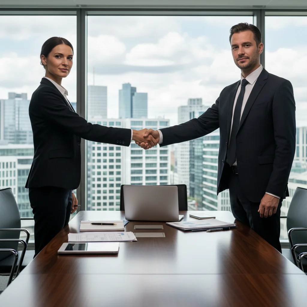 A professional business meeting in a modern German office, where two adults in business attire are shaking hands over a conference table, symbolizing a financial agreement or credit line contract, with subtle German elements like a flag or architecture in the background, conveying trust and partnership in business finance.