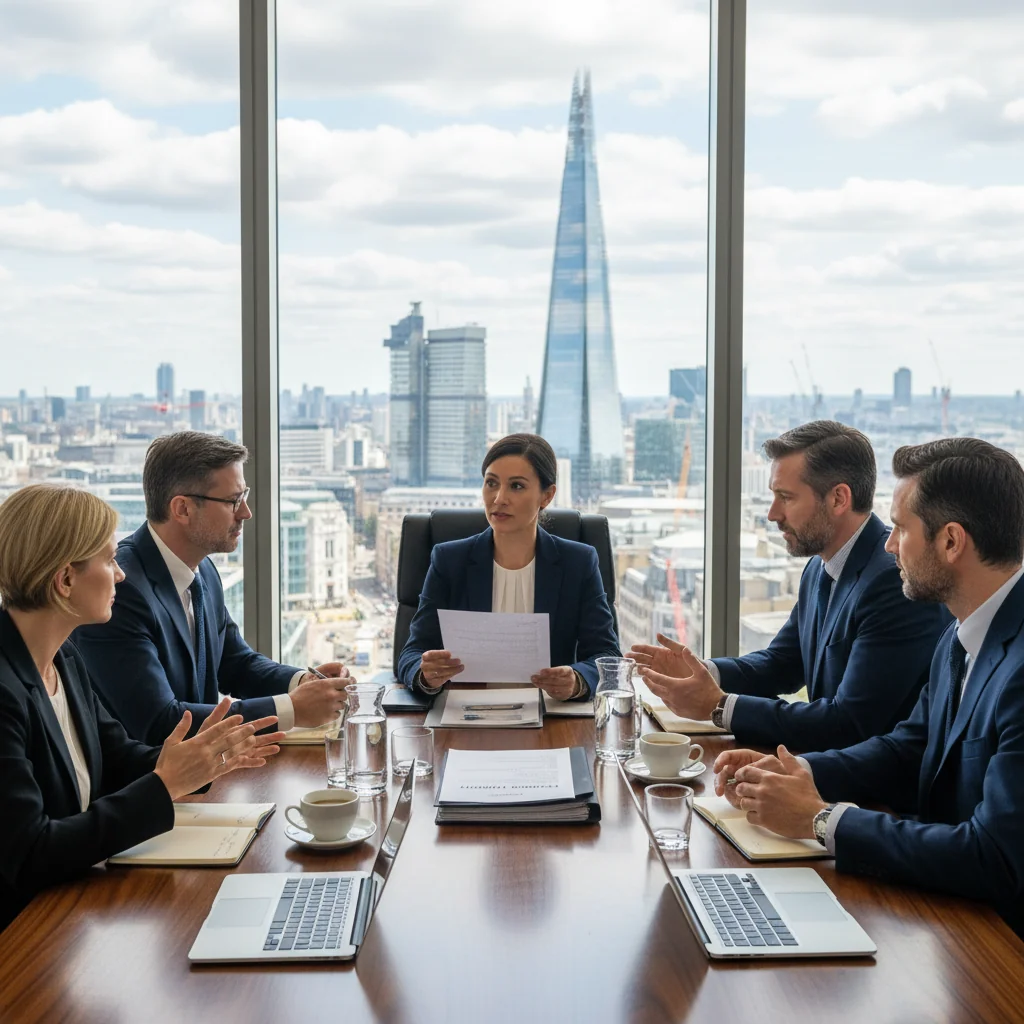 A photorealistic image of a professional business meeting in a modern UK office, with adults in suits discussing financial agreements around a conference table, symbolizing facility agreements in the United Kingdom. No children present.