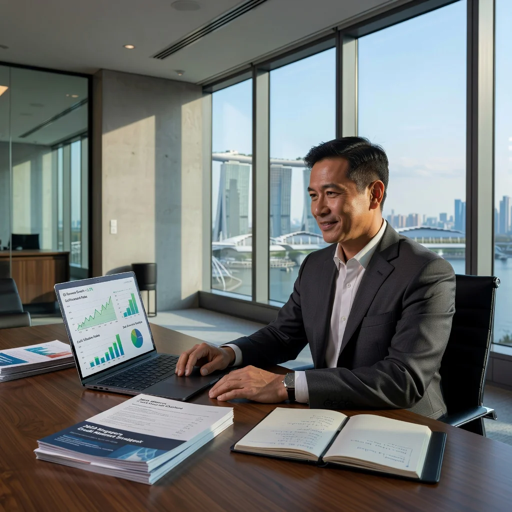 A professional scene in a modern Singapore office representing financial flexibility and business agreements, with an adult business professional reviewing charts on a computer screen, symbolizing access to credit lines for business growth.