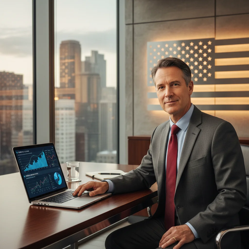 A photorealistic image of a professional adult businessperson in a modern office setting, reviewing financial options on a computer screen with charts showing credit lines and loan agreements, symbolizing financial flexibility and credit access in the United States, no children present.