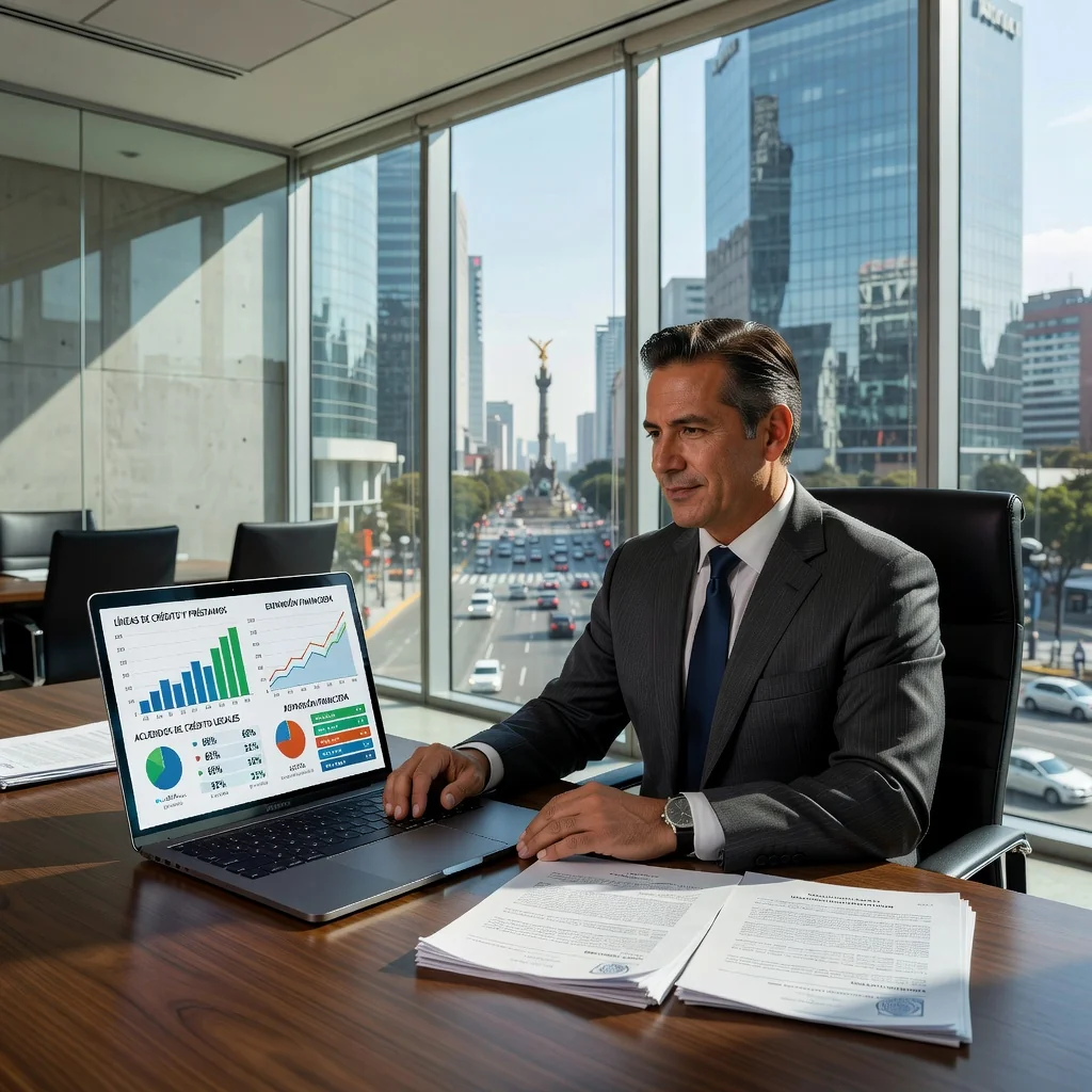 A photorealistic image of a professional adult Mexican businessperson in a modern office setting in Mexico City, reviewing financial charts on a computer screen that display credit line growth and banking options, symbolizing access to credit facilities, with subtle Mexican cultural elements like a flag or cityscape in the background, no children present.