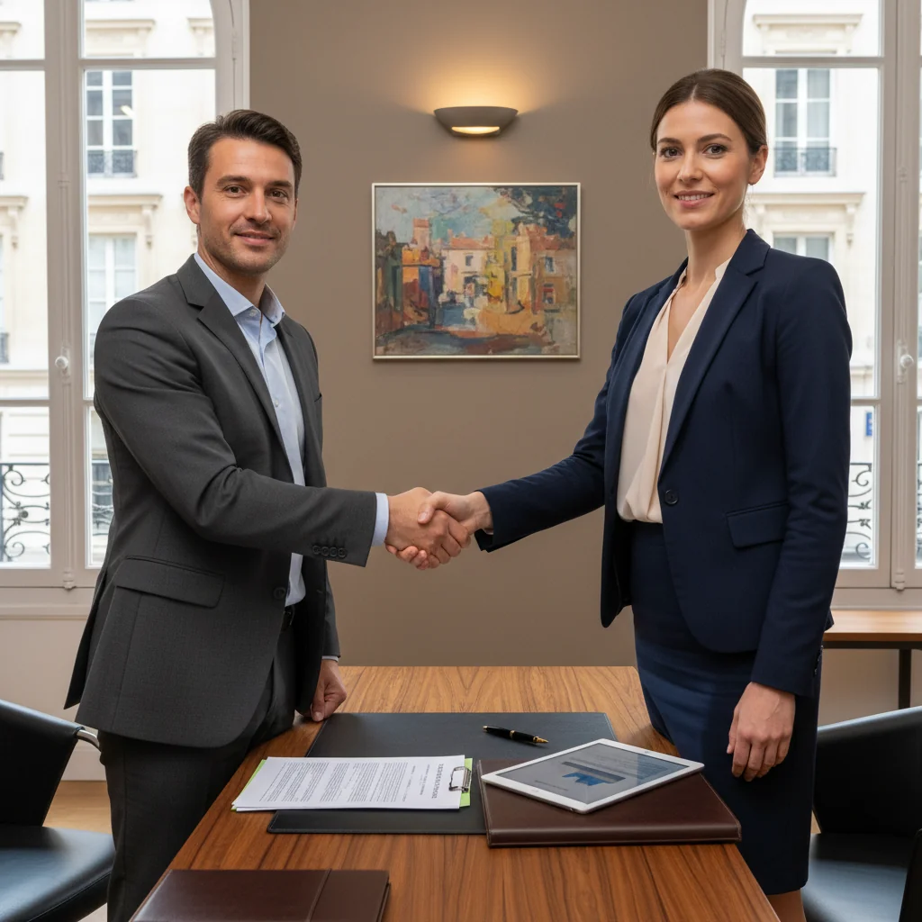 A professional adult in a modern French bank office, shaking hands with a banker over a credit agreement, symbolizing financial agreement and line of credit services in France. The scene conveys trust, professionalism, and financial opportunity, with subtle French elements like a window view of the Eiffel Tower in the background.