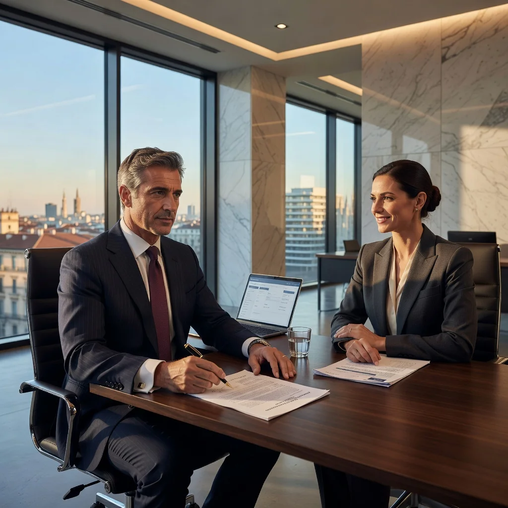 A professional adult signing a financial agreement with a banker in a modern Italian bank office, symbolizing the opening of a credit line, photorealistic style, no children present.