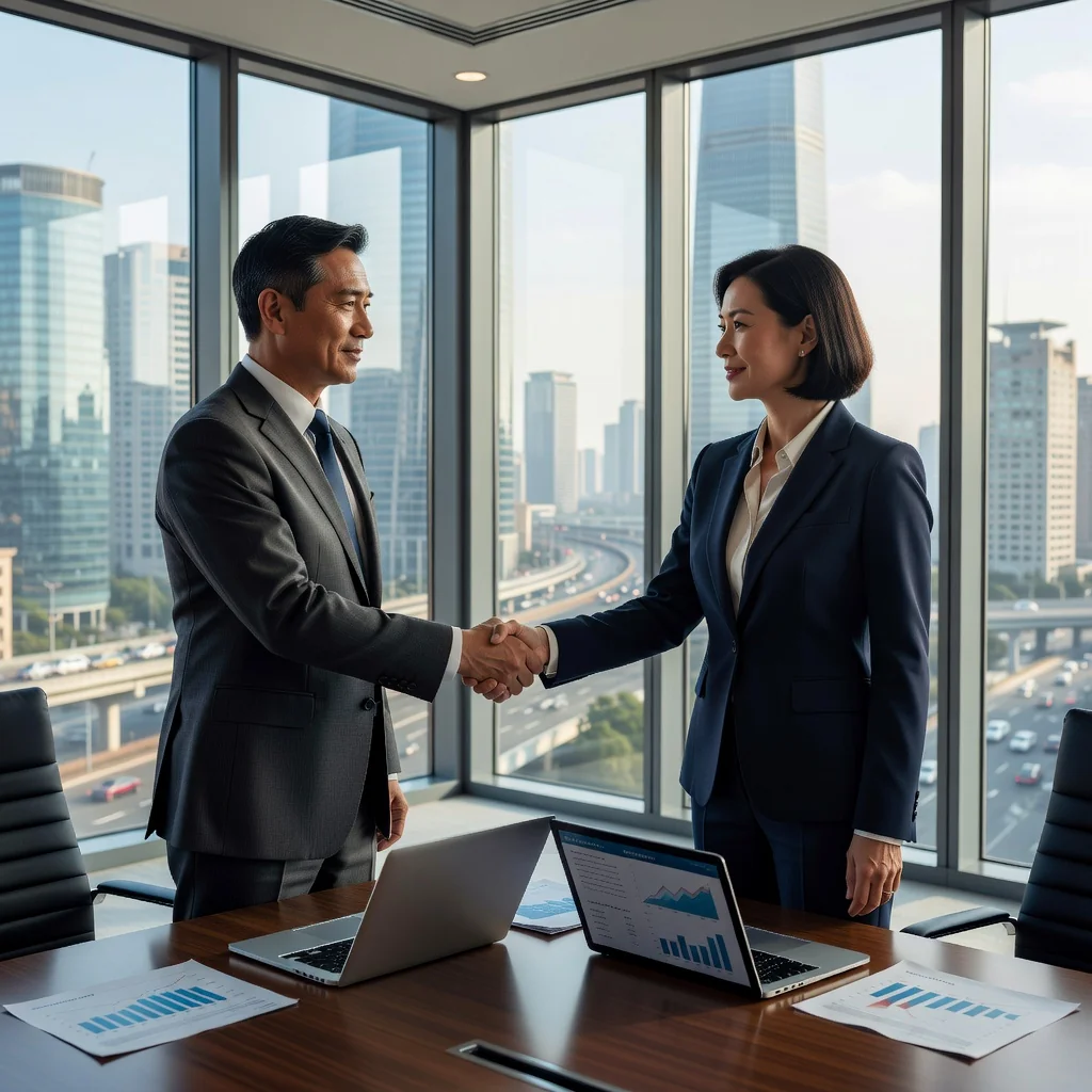 A professional business meeting in a modern Chinese office, where executives are shaking hands over a financial agreement, symbolizing credit line approval and partnership in business financing, with subtle Chinese elements like city skyline in the background.