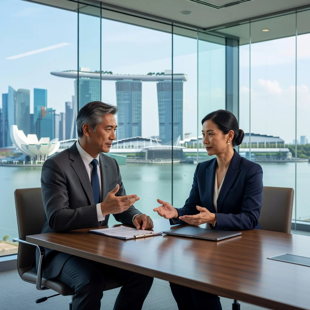 A photorealistic image depicting two professional adults in a modern conference room in Singapore, engaged in a serious discussion about reaching a settlement agreement, symbolizing negotiation and resolution under Singapore law. The scene should convey a sense of careful deliberation and mutual understanding, with elements like a city skyline view representing the Singapore context, but no legal documents visible.