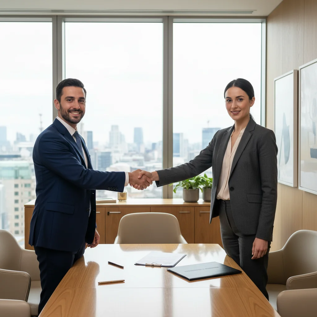 A professional business meeting between two adults in a modern UK office, shaking hands over a table to symbolize agreement and resolution in a settlement context, conveying trust and closure without showing any documents.