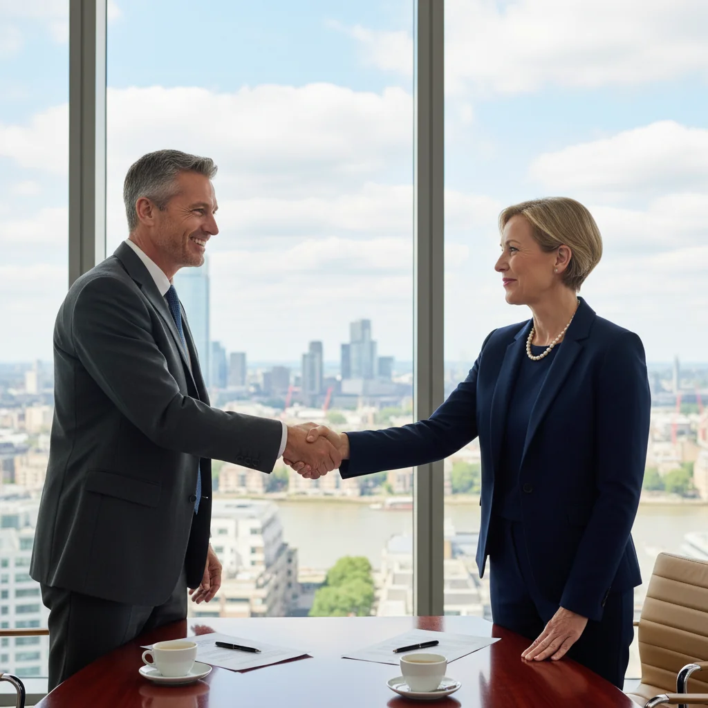 A photorealistic image of two professional adults, a man and a woman in business attire, shaking hands across a conference table in a modern office setting, symbolizing a successful negotiation and agreement in the UK, with subtle UK flag or London skyline in the background. No children present.