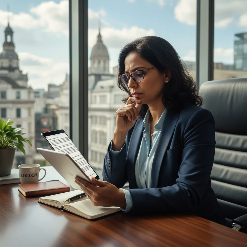 A photorealistic image of a professional adult in a modern office setting, looking thoughtful while reviewing notes on a tablet, symbolizing careful decision-making in workplace agreements, no children present.