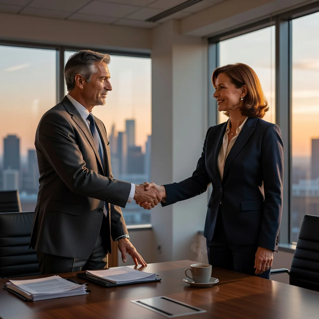A photorealistic image symbolizing successful dispute resolution and agreement between two adults, such as two professionals shaking hands in a modern office setting with a subtle background of a conference table, conveying harmony and closure without focusing on any legal documents.