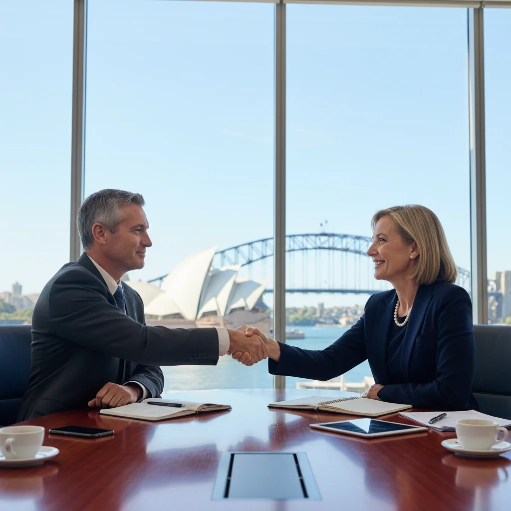 A photorealistic image of two professionals, an adult employer and an adult employee, shaking hands across a conference table in a modern Australian office setting, symbolizing a successful settlement agreement. The scene conveys resolution, trust, and professionalism, with Australian elements like a window view of Sydney Harbour in the background. No children are present in the image.