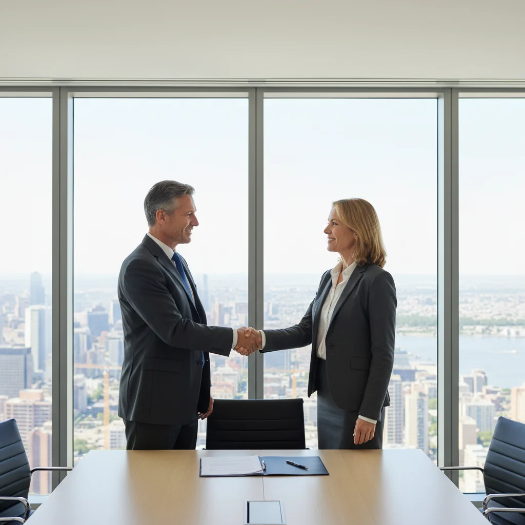 A photorealistic image of two professional adults in a modern office setting, shaking hands across a conference table after a successful negotiation, symbolizing agreement and resolution without focusing on any documents.
