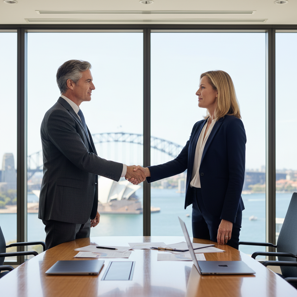 A photorealistic image of two professional adults in a modern Australian office setting, shaking hands across a conference table, symbolizing a successful settlement agreement. The scene conveys relief and mutual understanding, with natural light from large windows overlooking a cityscape, representing resolution and benefits in legal contexts. No children are present.