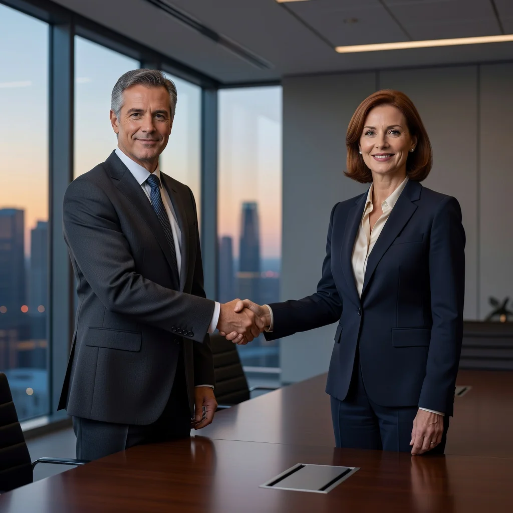 A photorealistic image of two professional adults, a man and a woman in business attire, shaking hands firmly across a conference table in a modern office setting, with subtle expressions of relief and mutual agreement on their faces, symbolizing the resolution of a dispute through reconciliation. The background includes a city skyline view through large windows, emphasizing harmony and closure without any legal documents visible. No children are present in the image.
