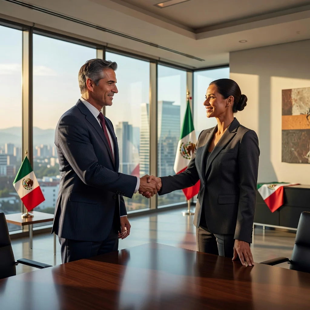 A photorealistic image depicting a successful business agreement between two professionals in Mexico, symbolizing the benefits of a settlement agreement, such as harmony and resolution in a professional setting with subtle Mexican cultural elements like a modern office with Mexican decor.