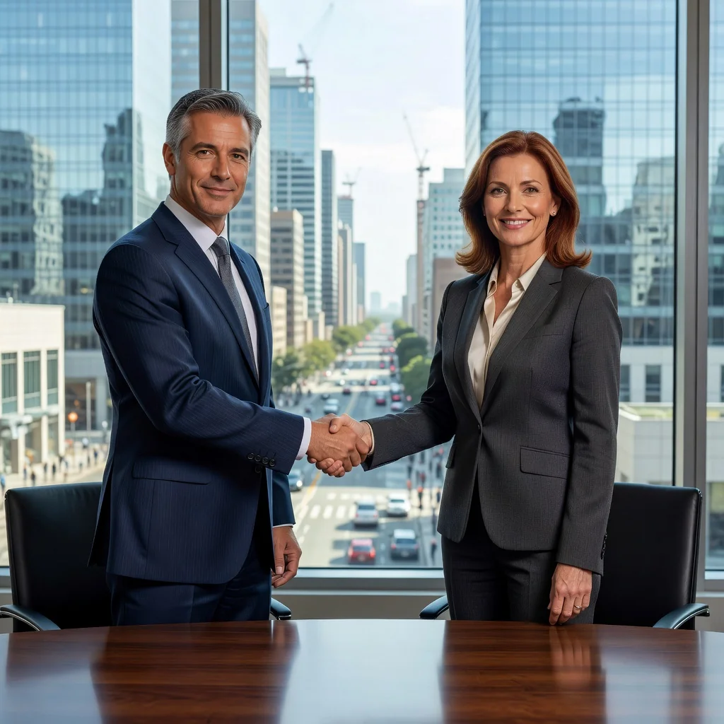 A photorealistic image depicting two adults in a professional setting shaking hands across a conference table, symbolizing a successful agreement and resolution of a dispute, with a modern office background including subtle elements like a city skyline view, conveying trust, negotiation, and legal settlement without showing any documents.