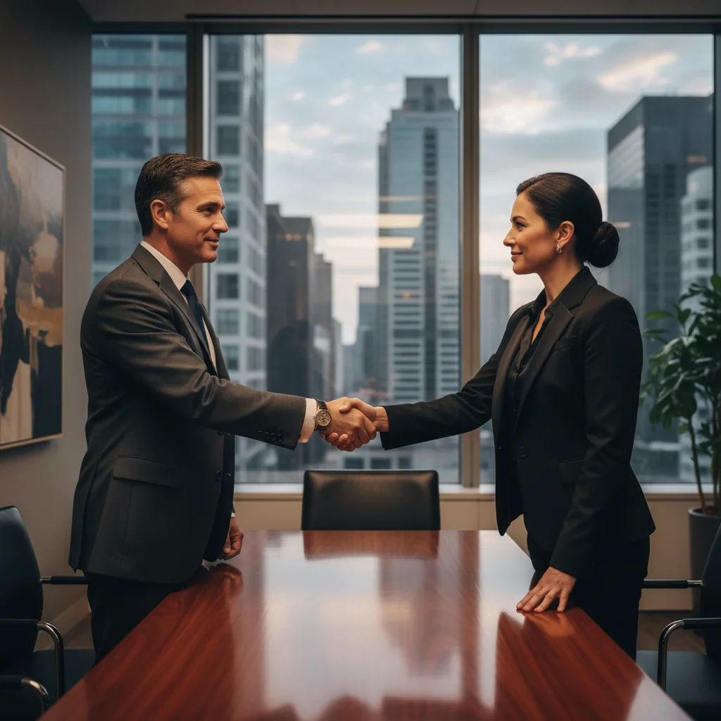 A photorealistic image of two professional adults, a lawyer and a businessperson, shaking hands across a conference table in a modern office, symbolizing the agreement and resolution reached through a settlement, with subtle background elements like a city skyline visible through windows, conveying trust and finality in legal dispute resolution.