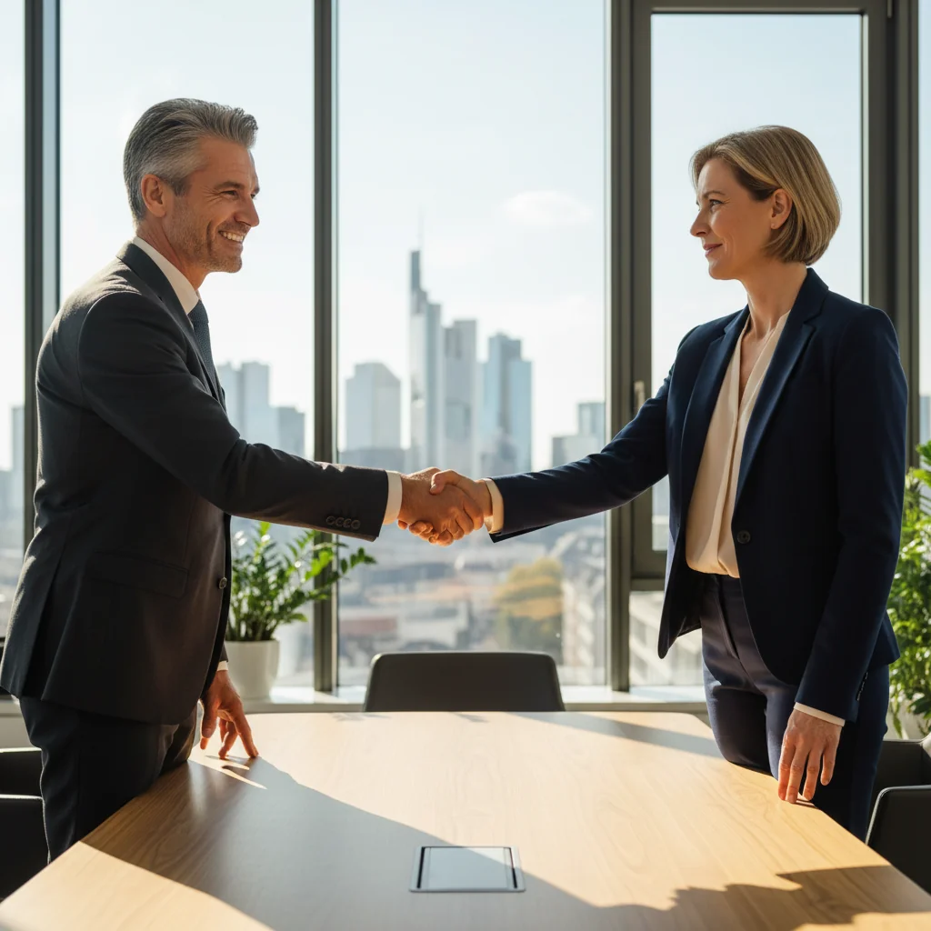 A photorealistic image depicting two professional adults in a modern conference room, shaking hands across a table to symbolize a successful legal settlement or agreement in German civil law, with subtle German flags or neutral office decor in the background, conveying relief and mutual benefit without showing any legal documents.