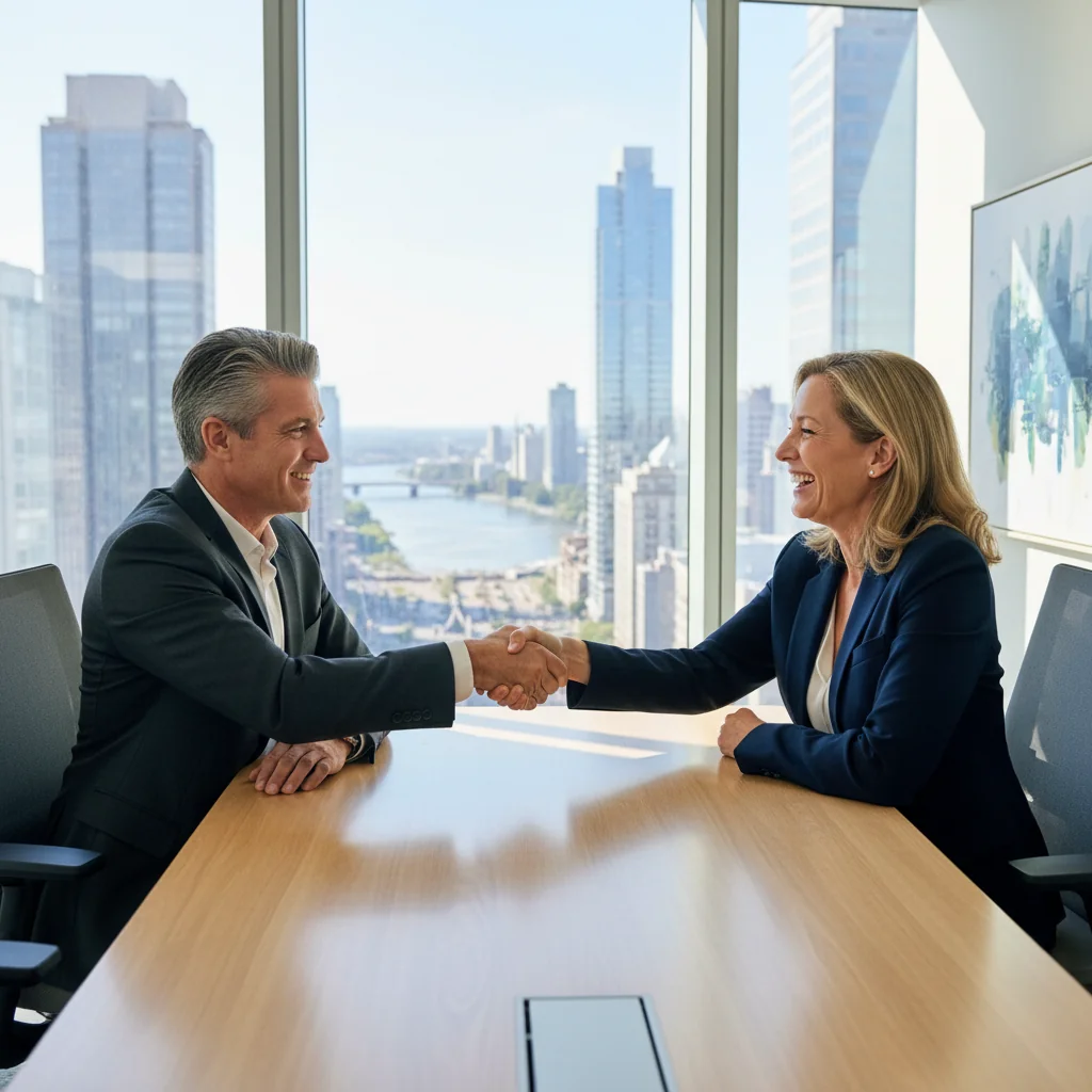 A photorealistic image of two professional adults in a modern conference room, shaking hands across a table to symbolize a successful US settlement agreement, with expressions of relief and mutual understanding, no legal documents visible, emphasizing resolution and agreement without any children present.