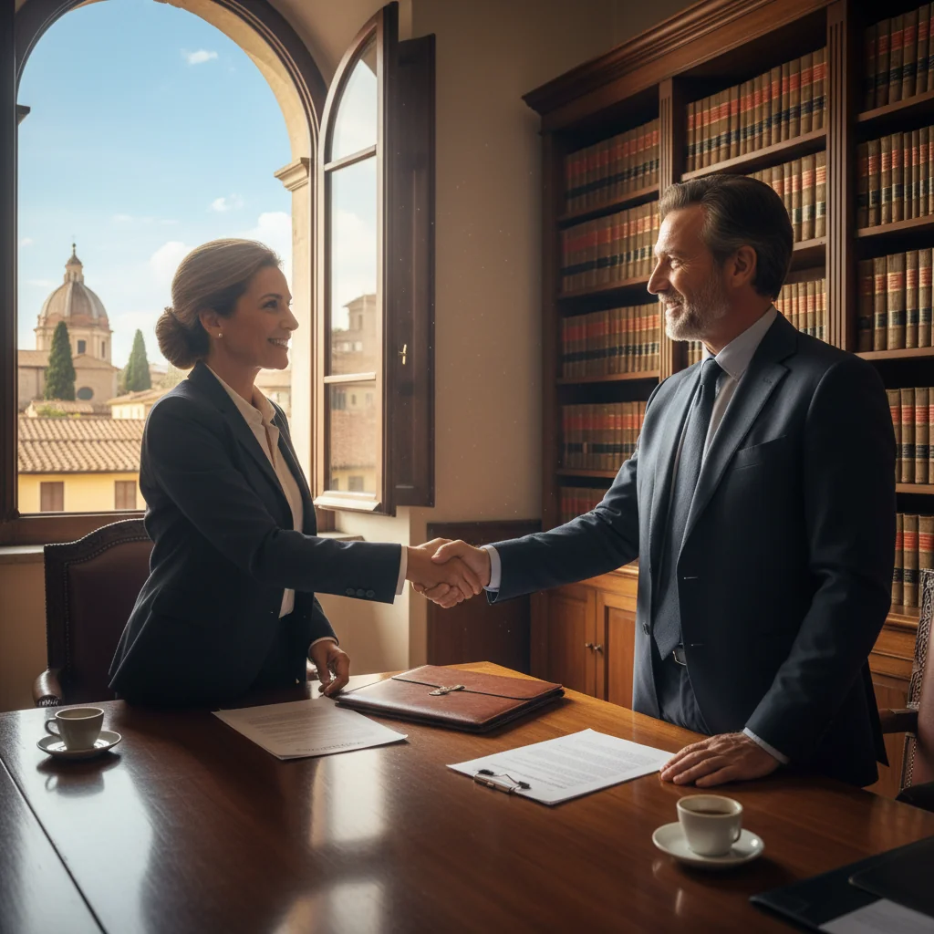 A photorealistic image of two professional adults shaking hands across a conference table in a modern Italian office, symbolizing agreement and resolution in a legal settlement. The scene conveys trust, negotiation, and mutual understanding, with warm lighting and subtle Italian elements like a flag or architecture in the background. No children are present.