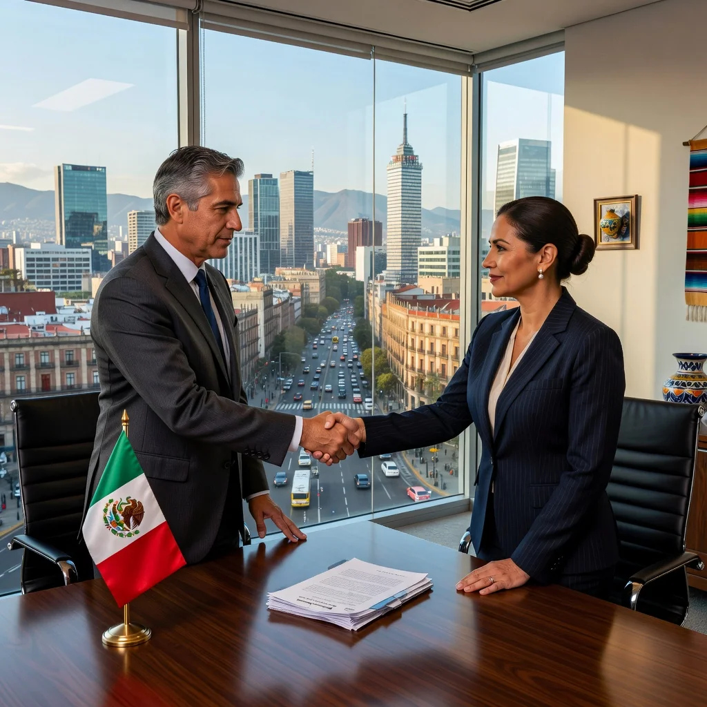 A photorealistic image depicting two professional adults in a modern office setting in Mexico, shaking hands across a conference table to symbolize a successful transaction agreement or settlement, with subtle Mexican cultural elements like a flag or cityscape in the background, conveying resolution and mutual understanding without showing any legal documents.