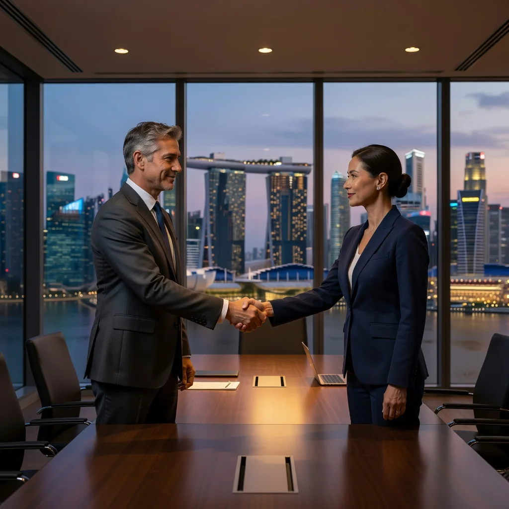 A photorealistic image of two professional adults in a modern Singapore office, shaking hands over a conference table with a city skyline view in the background, symbolizing a successful settlement agreement. The scene conveys resolution, agreement, and harmony in a business context.