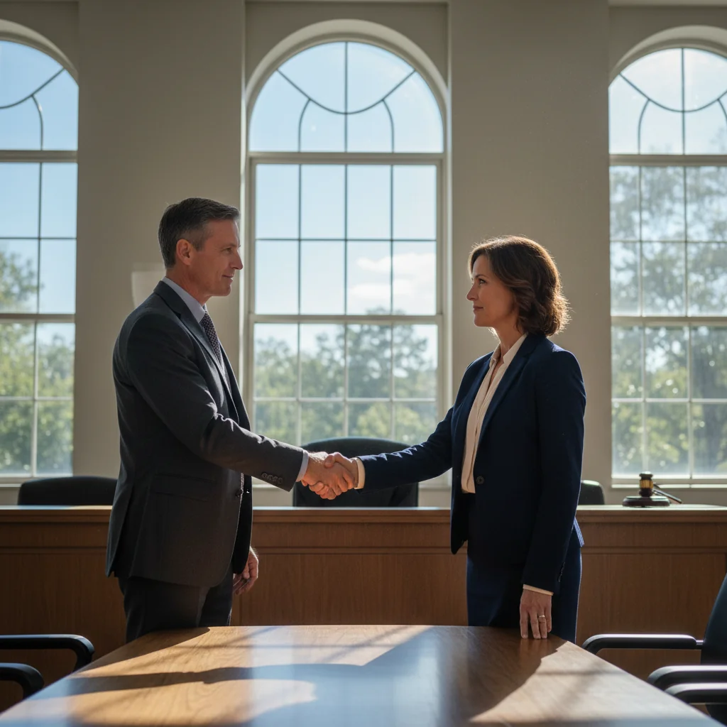 A photorealistic image depicting the balance between advantages and limitations in legal dispute resolution, showing two adult professionals in a modern courtroom shaking hands in agreement, symbolizing settlement and resolution without focusing on documents.
